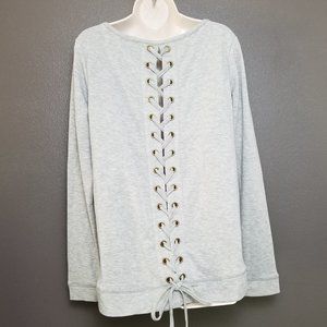 Pink Clover Grey Lace Up Back Long Sleeve Blouse